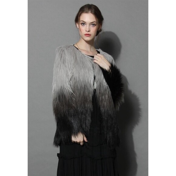 STUNNING Women XL Ombre Faux Fur Coat in Smoked Wool Black Grey Pockets Mob Wife - Picture 13 of 13